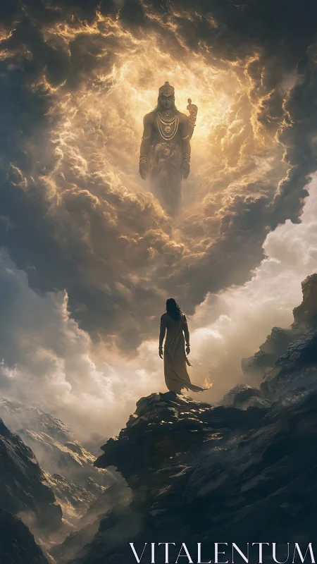 Stormlit seeker beholds towering celestial guardian in clouded sky.