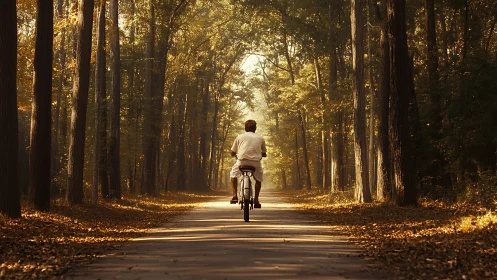 Solitary cyclist navigating tree-lined avenue in golden hour luminescence.