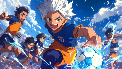 Energetic anime soccer heroes racing into a sparkling match.