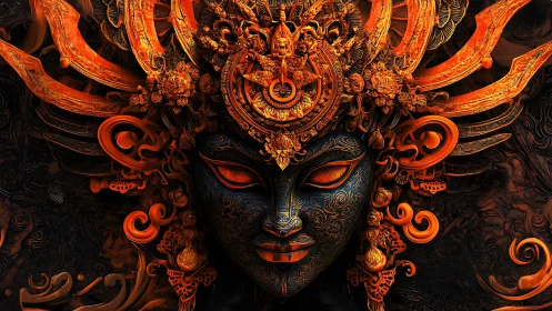 Ornate digital mask with fiery ornamental headdress design.