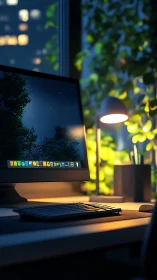 Minimalist night workspace glows with warm desktop lighting