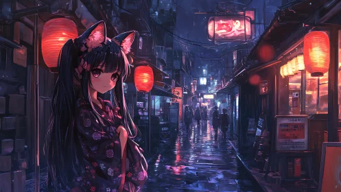 Fox-eared girl in floral yukata on neon lit rainy alleyway