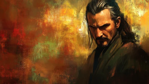 Stoic long-haired man on textured warm abstract background.