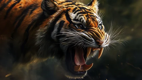 Digitally rendered tiger displays bared fangs in side view