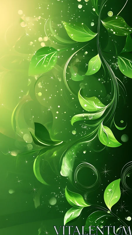 Luminous green vines swirl through sparkling abstract light