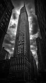 Storm-lit titan skyscraper slicing through brooding clouds.