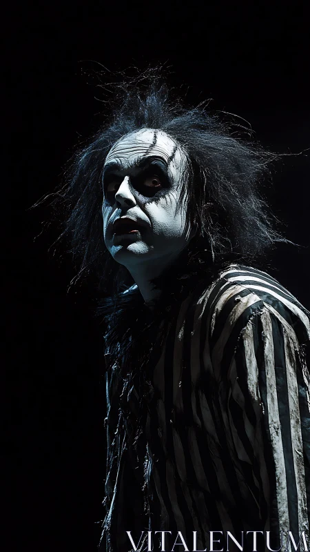 Eerie striped-costume character under harsh stage spotlight.