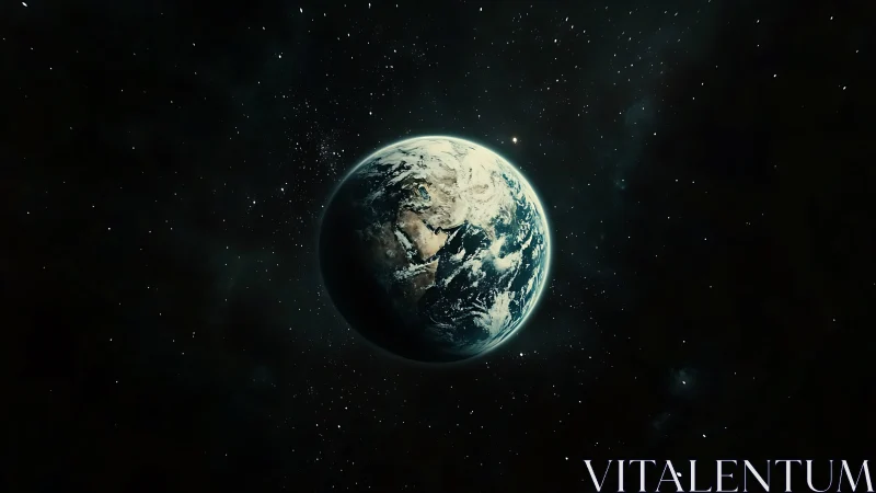 Earth in deep space with scattered distant starlight field.