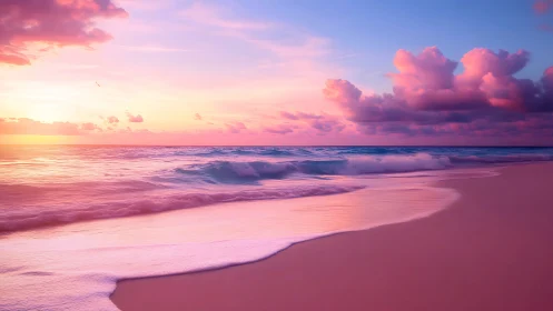 Pastel sunset shoreline renders luminous clouds and surf