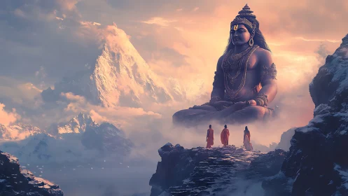 Monks ascend toward colossal Himalayan deity in volumetric dawn light