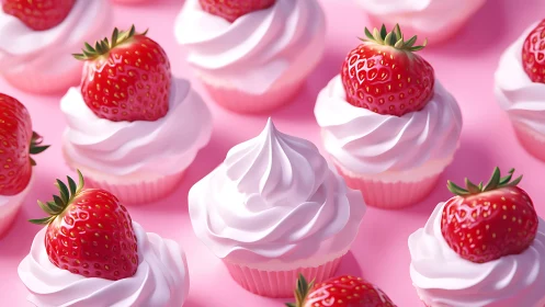 Strawberry topped pink frosted cupcakes arranged on pink background