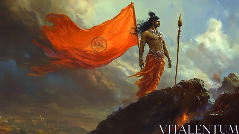 Mythic warrior guarding blazing saffron flag on peaks.