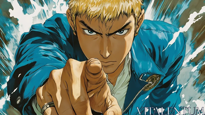 Blond male character in blue jacket extending pointed finger.