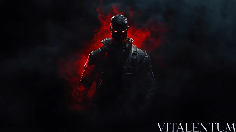 Masked cybernetic figure emerges from red smoke halo