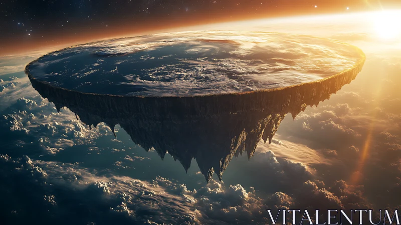 Floating flat earth continent above clouds at sunrise.