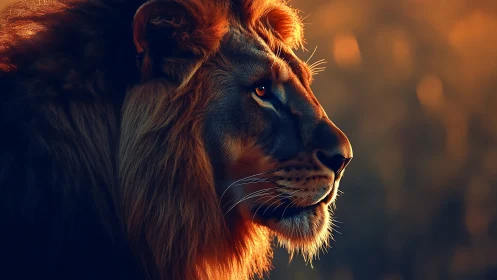 Side profile of lion in warm directional backlighting.