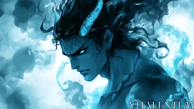 Horned blue demon profile in swirling mist and smoke.