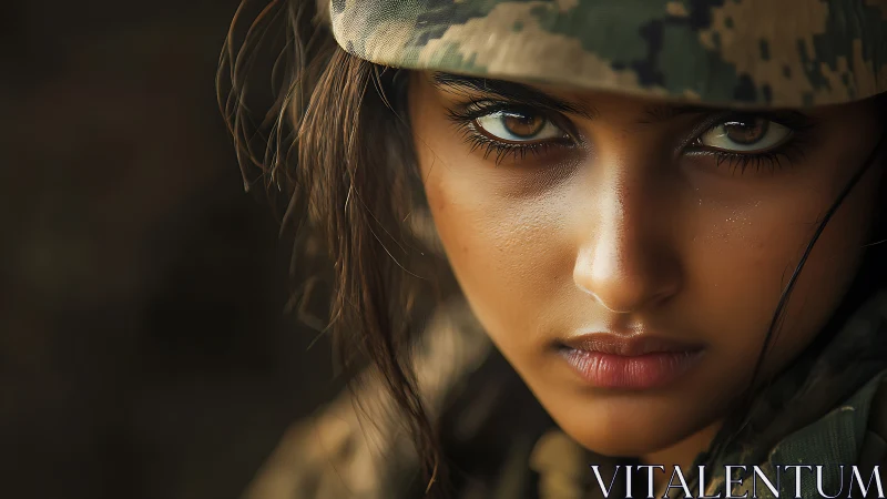 Intense Close-Up Portrait of Woman in Camouflage Military Gear.