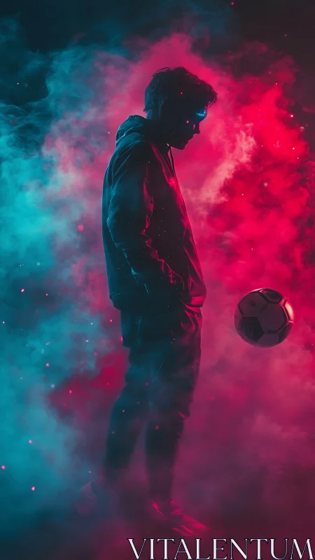 Silhouetted figure stands in colored smoke with floating soccer ball