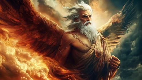 Storm-forged winged deity strides through blazing heavens.