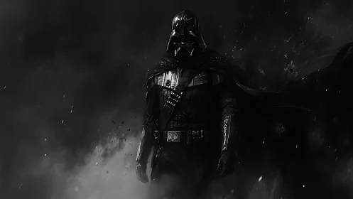 Dark armored figure in stormy monochrome digital scene.