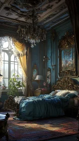 Ornate baroque bedroom with carved bed and chandeliers.