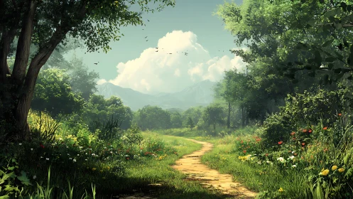 Forest Path with Mountain Vista and Blooming Wildflowers.
