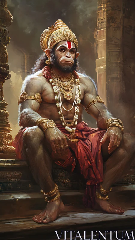 Regal monkey deity resting in golden, templelit splendor.