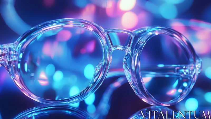 Transparent eyeglasses on neon bokeh background, modern style.