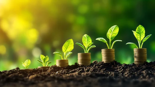 Photorealistic coin stacks with seedling growth sequence illustration.