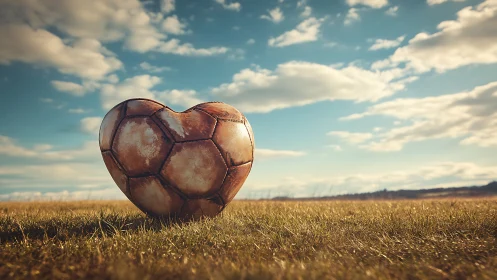 Heart shaped soccer ball sits on dry grass under blue sky