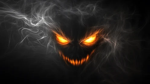 Glowing fiery face emerging from swirling dark smoke forms.