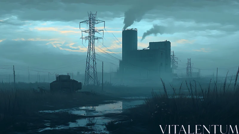 Foggy industrial plant and power lines dominate polluted wetland