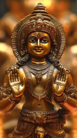 Golden deity statue welcomes viewers with calm, radiant grace