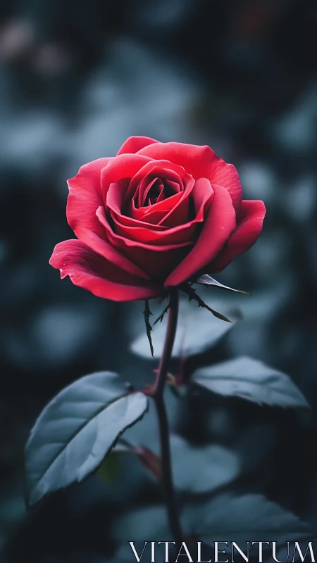 Crimson bloom suspended in twilight reverie.