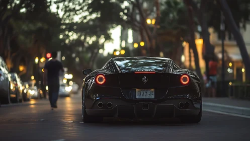 Rear view of black sports car on city street at dusk.