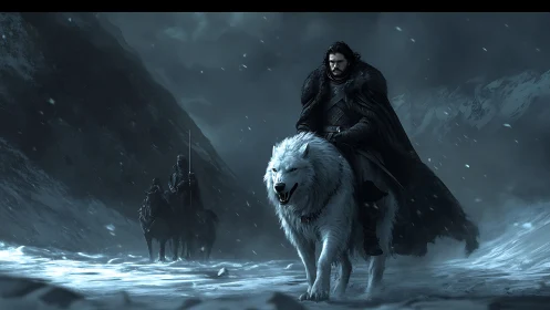 Lone warrior on white wolf crossing frozen mountain pass.