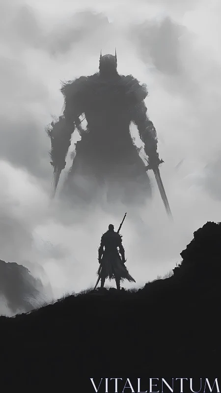 Lone warrior confronts colossal shadowed knight in mist.