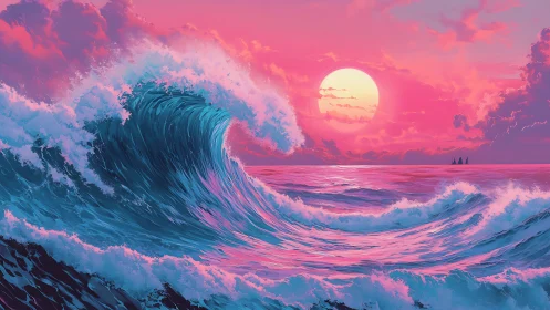 Radiant neon sunset ignites crashing turquoise ocean waves.
