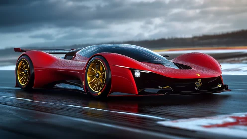 Red futuristic hypercar on wet racetrack at dusk.