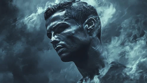 Vapor‑shrouded male portrait renders sculpted metallic skin