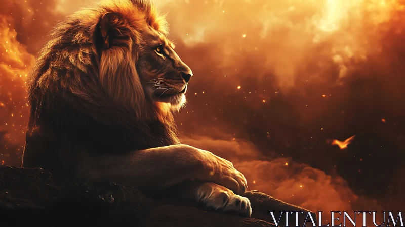Male lion in side profile amid orange glowing haze.