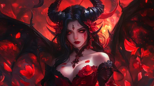 Demon queen rises in crimson petals and burning shadow.