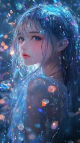 Rainlit dream girl wrapped in neon-water starlight hush.