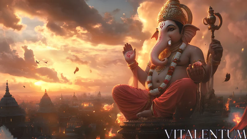 Radiant elephant sage above a sunset-struck ancient city.