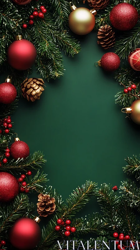 Christmas border with red baubles and pine branches.