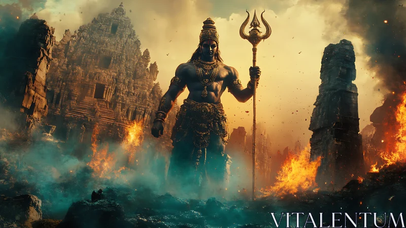 Mythic warrior with trident amid burning temple ruins.