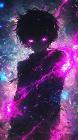 Shadowed anime figure channels neon cosmic energy surge