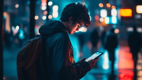 Urban youth absorbed in smartphone under neon city glow.