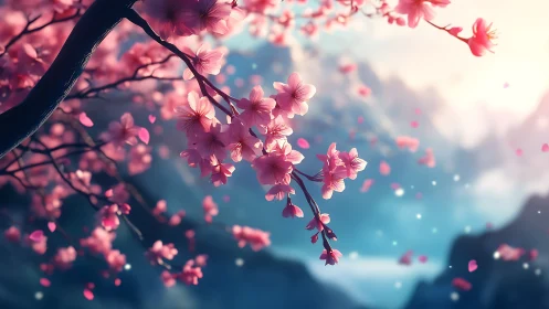 Tranquil Cherry Blossoms Dancing in Mountain Mist.